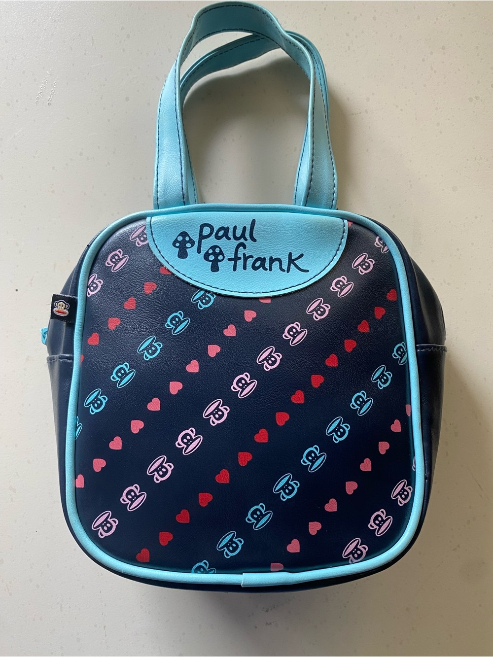 Paul Frank Navy Aqua Pink Mini Tote Bag Julius Monkey Heart Print Y2K